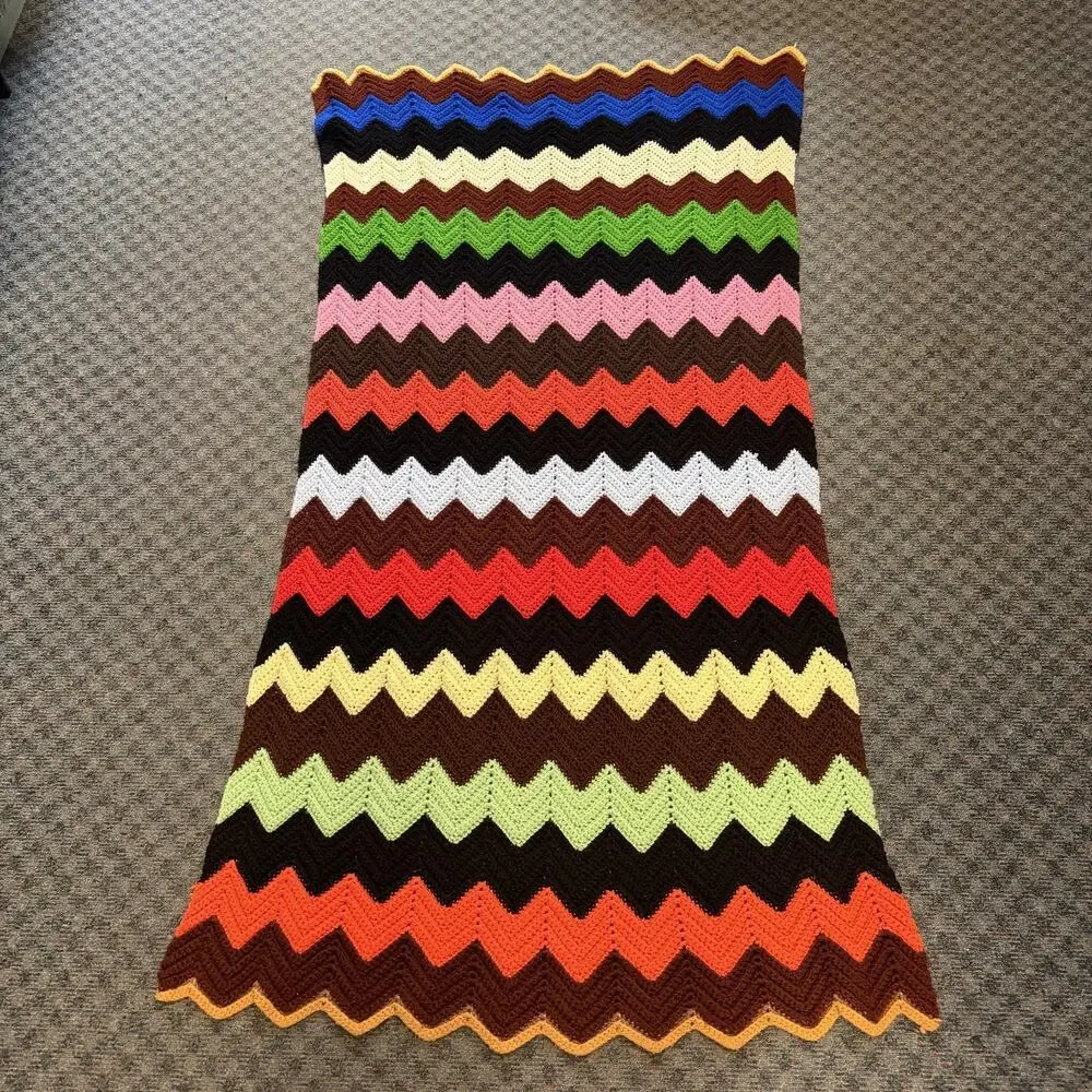 Vintage 70s Handmade Throw Blanket 37x69 Multicolor Chevron Afghan Retro Boho